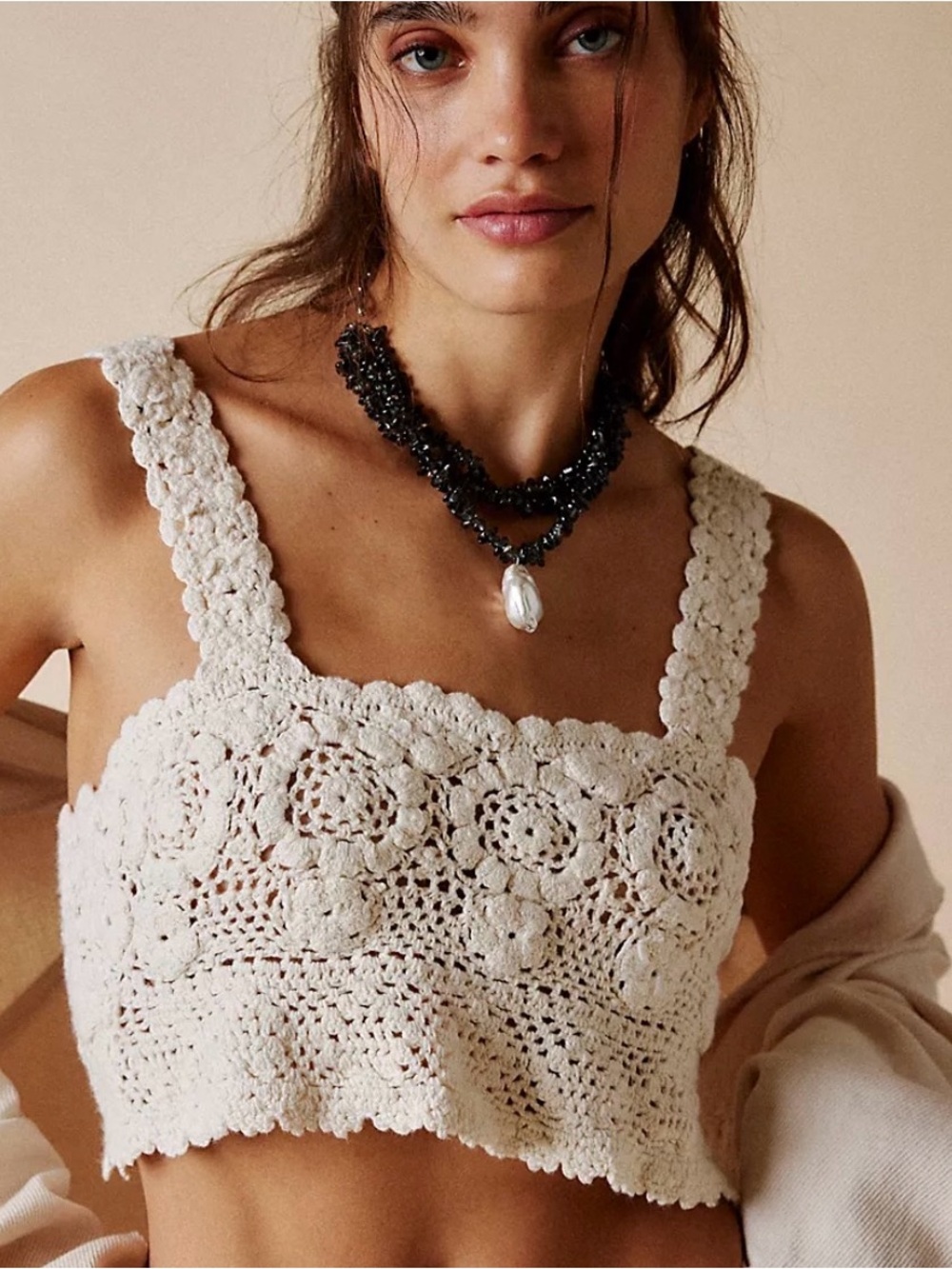 Free People Lost in Your Eyes Cream Crochet Floral Crop Tank - S